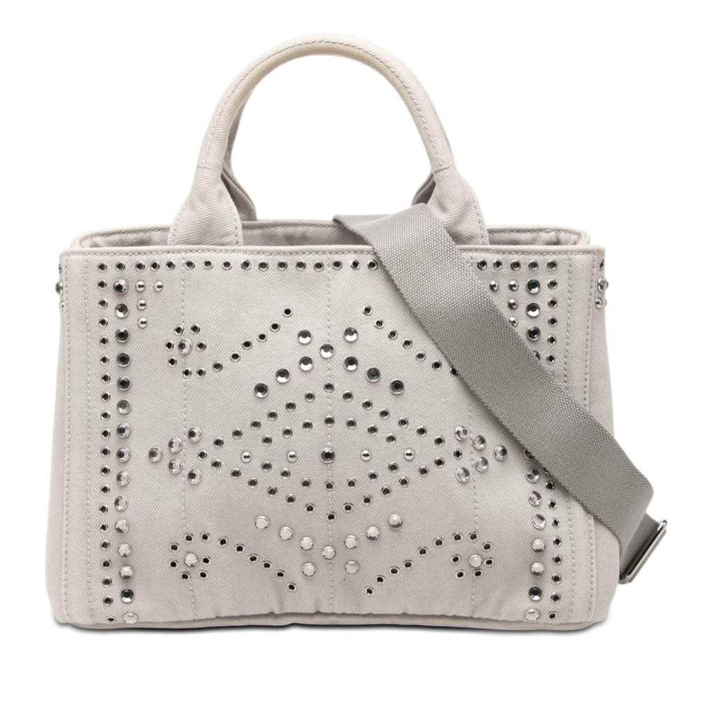 Prada Small Denim Canapa Bijoux and Grommet Satchel Silver Very good condition - Front View