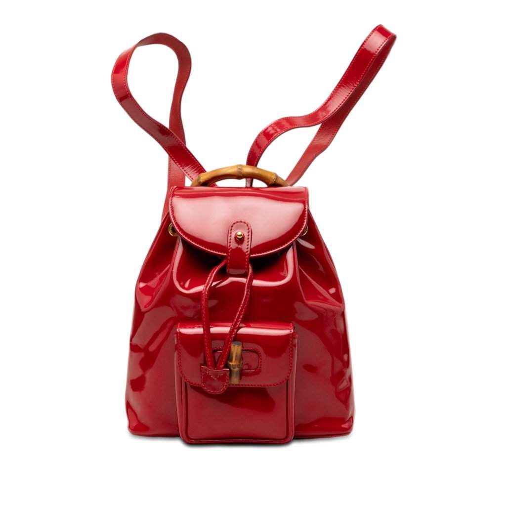 Gucci Patent Bamboo Drawstring Backpack Red Leather Good - Front View