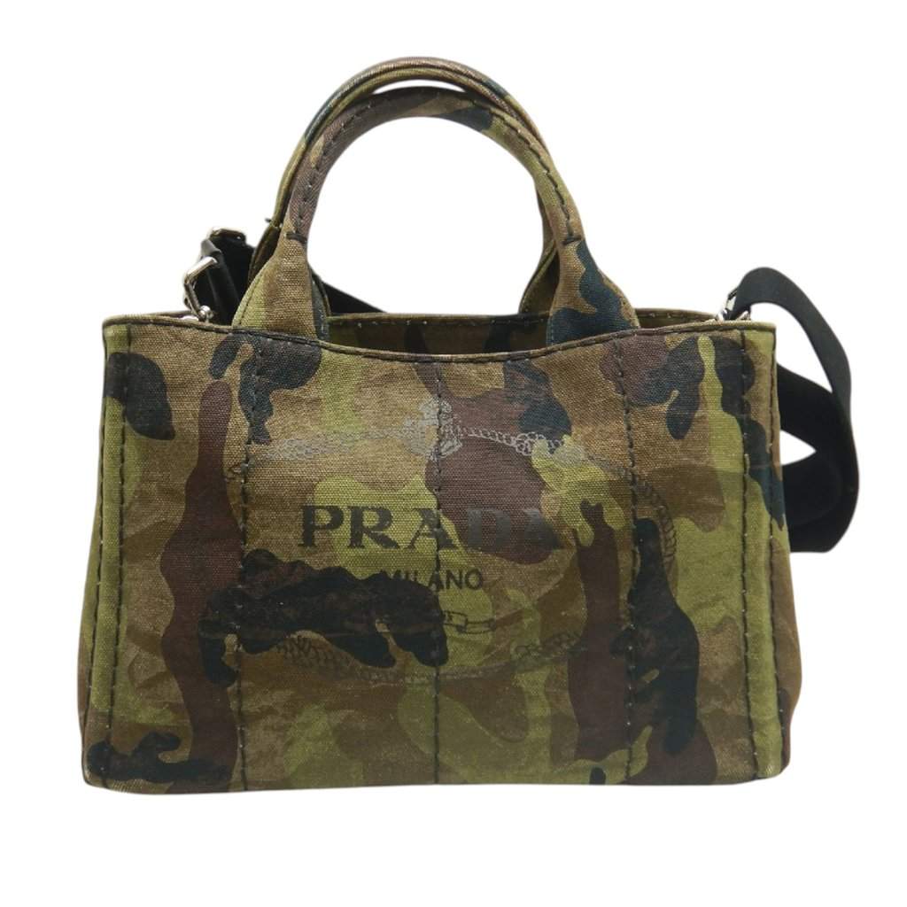 Prada Small Canvas Canapa Logo Camouflage Satchel Brown Very good condition - Front View