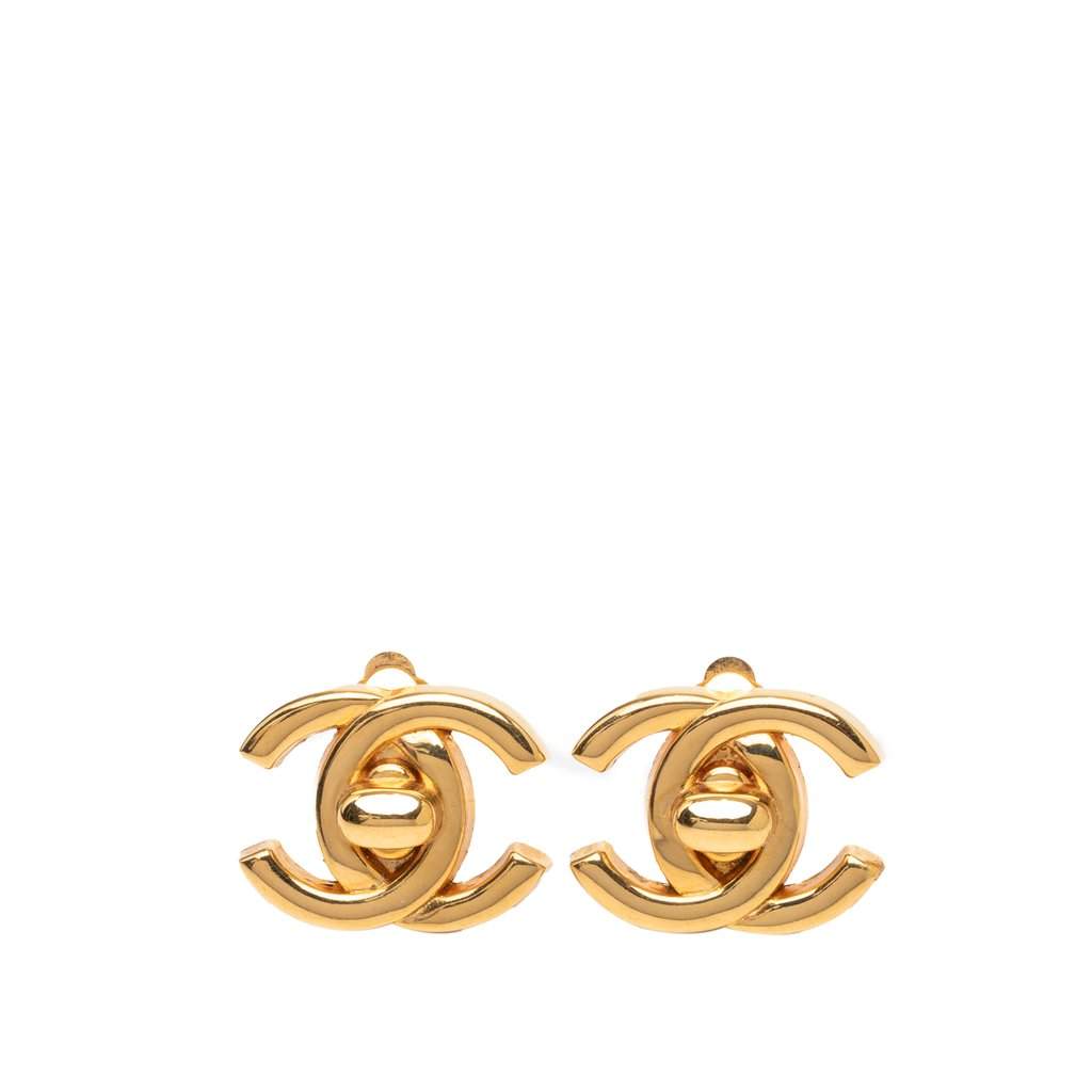 Chanel CC Gold Plated Turn Lock Clip On Earrings Gold Metal Very good - Front View