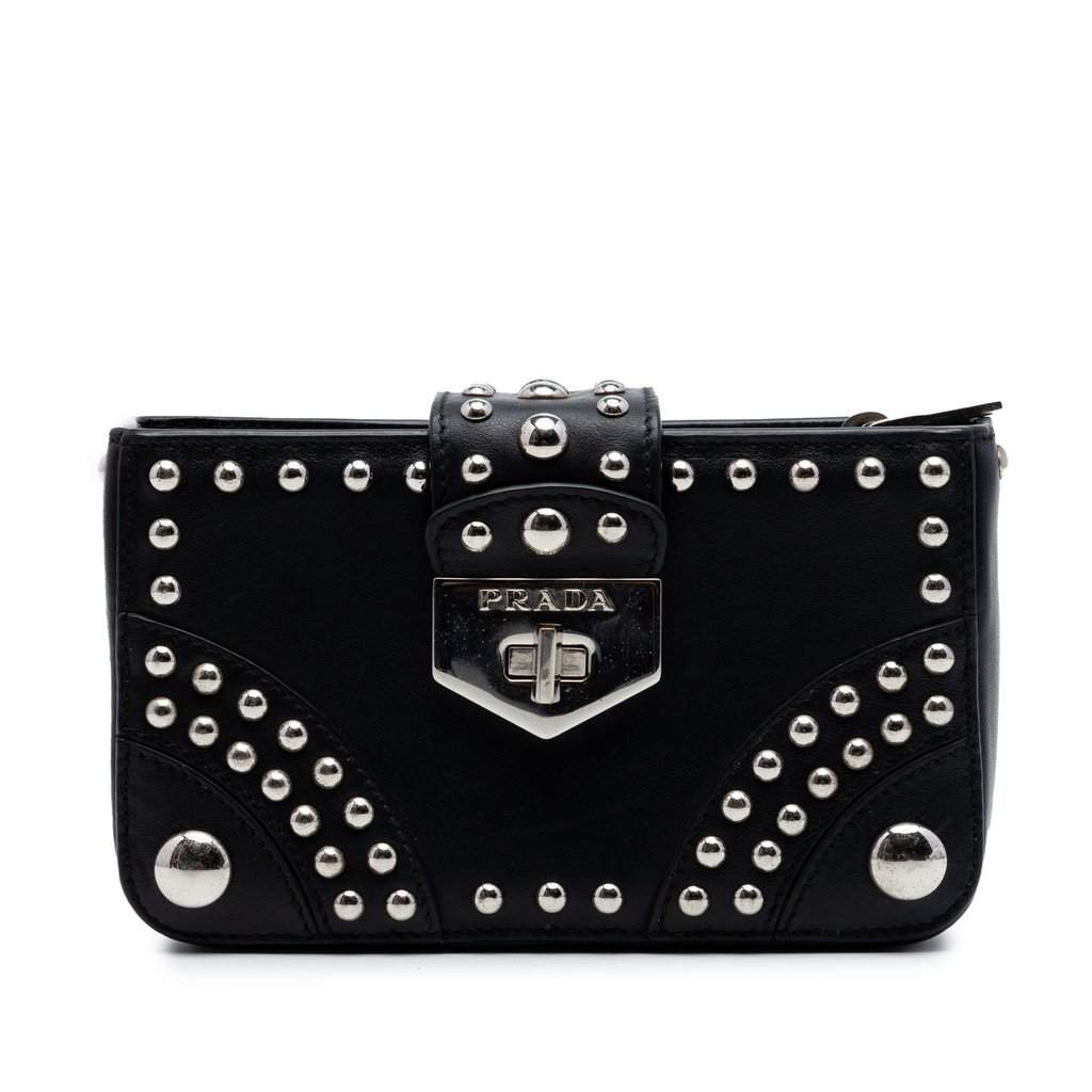 Prada City Calfskin Studded Elektra Turn Lock Clutch Black Leather Very good condition - Front View