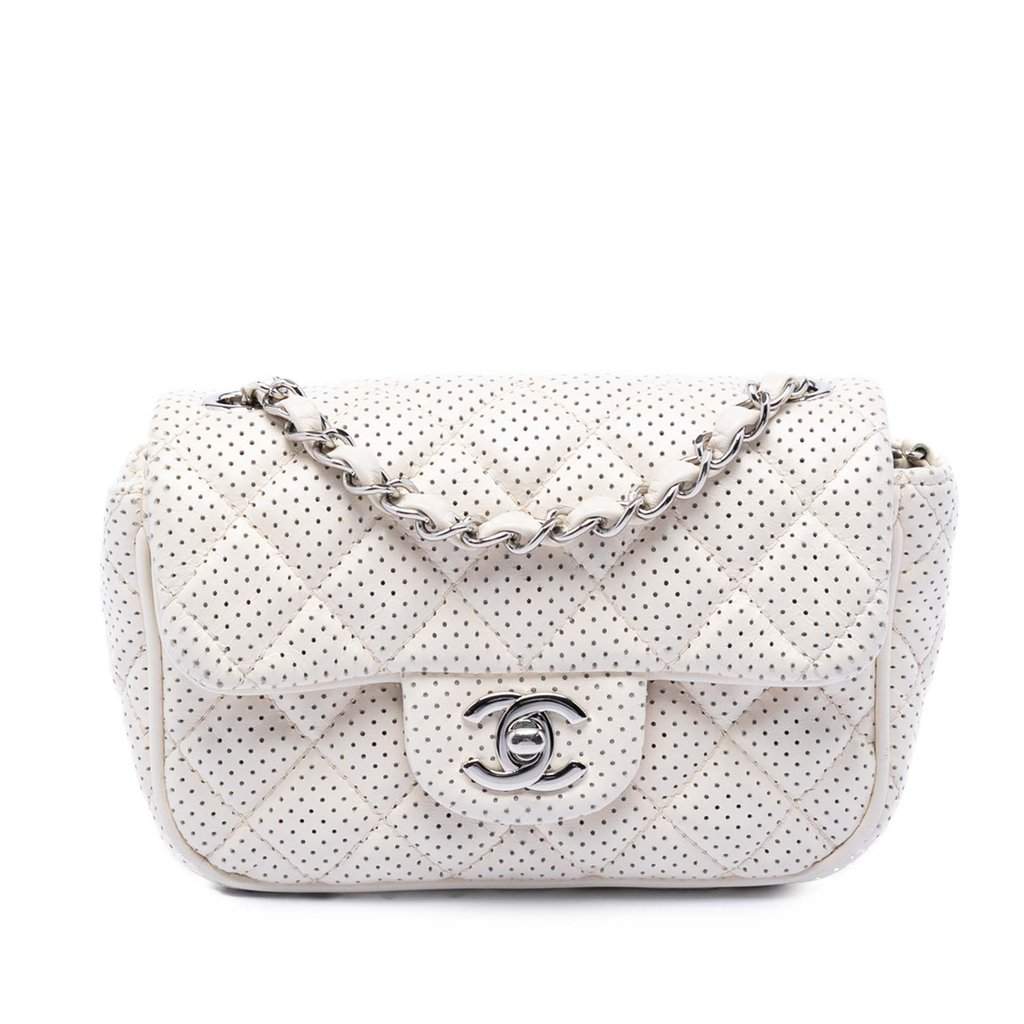 Chanel Mini Perforated Lambskin Punch Flap White Leather Very good - Front View
