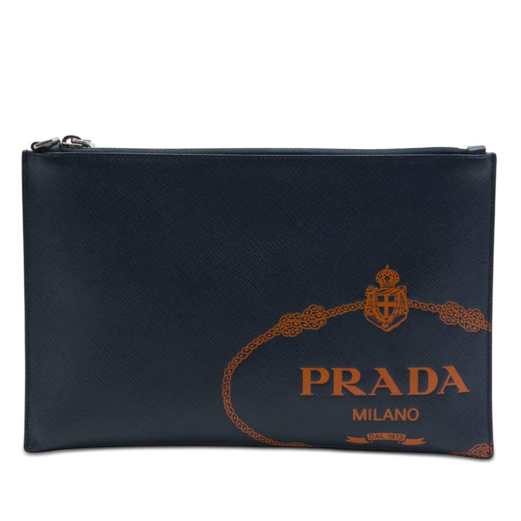 Prada Saffiano Logo Clutch Blue Leather Very good - Front View