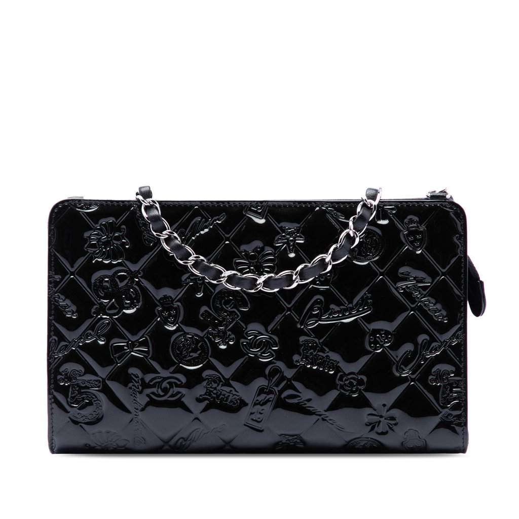Chanel Quilted Patent Embossed Lucky Symbols Pochette Black Leather Very good condition - Front View