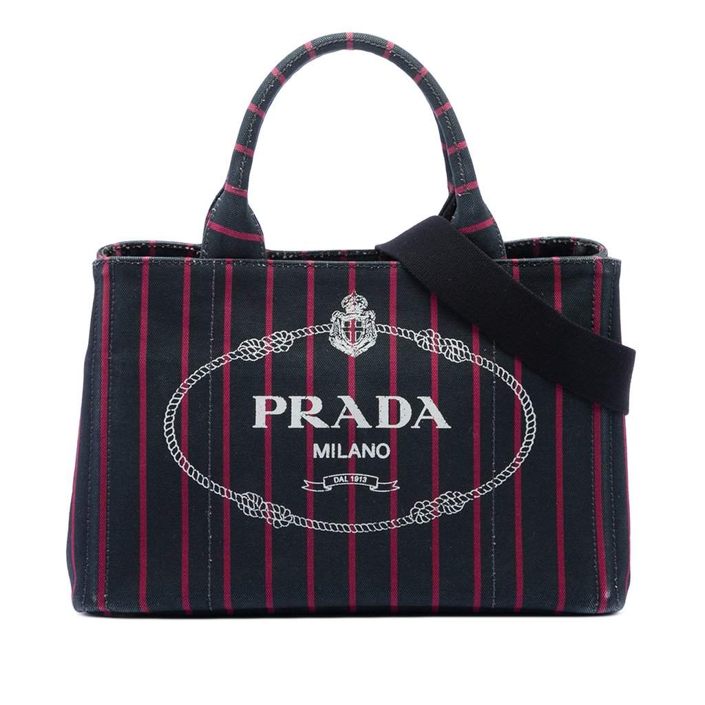 Prada Small Canvas Canapa Logo Stripes Satchel Black Very good condition - Front View