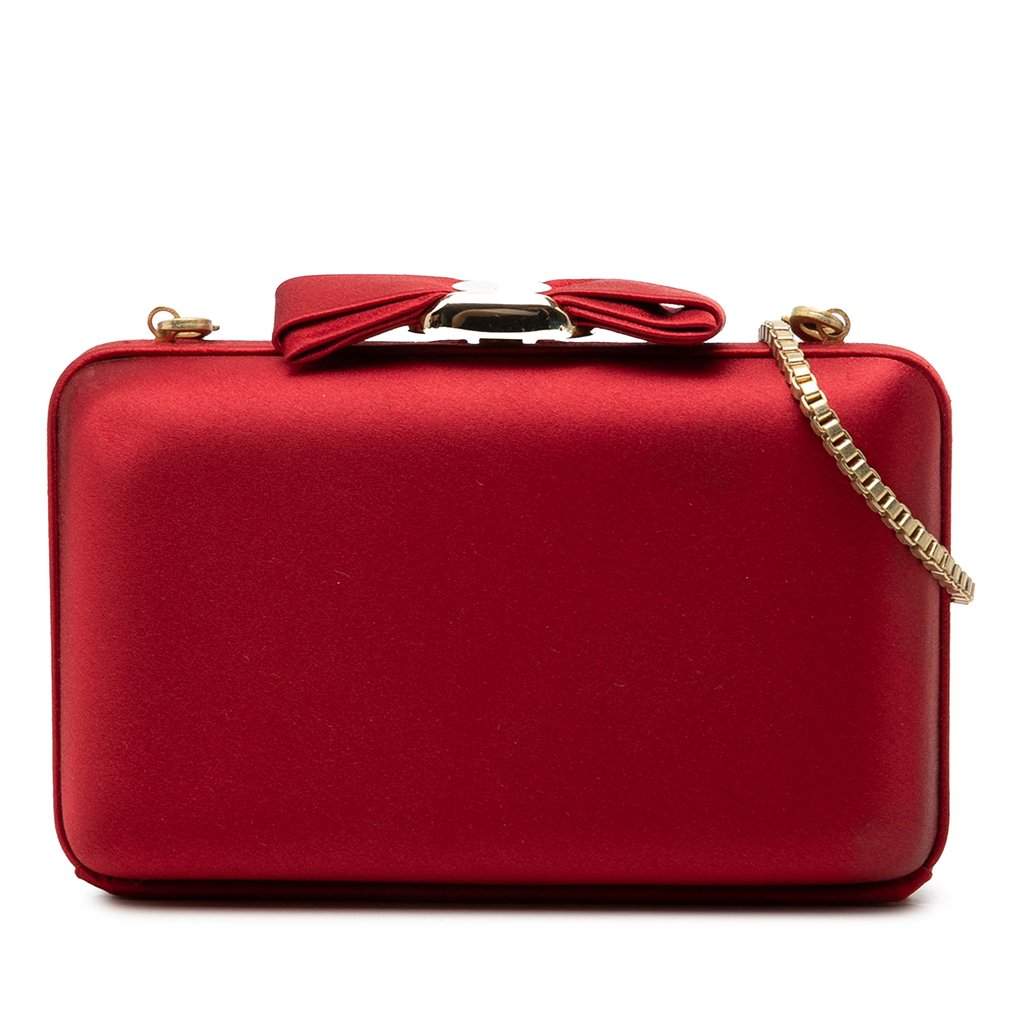 Ferragamo Satin Vara Bow Evening Clutch on Chain Red Very good - Front View
