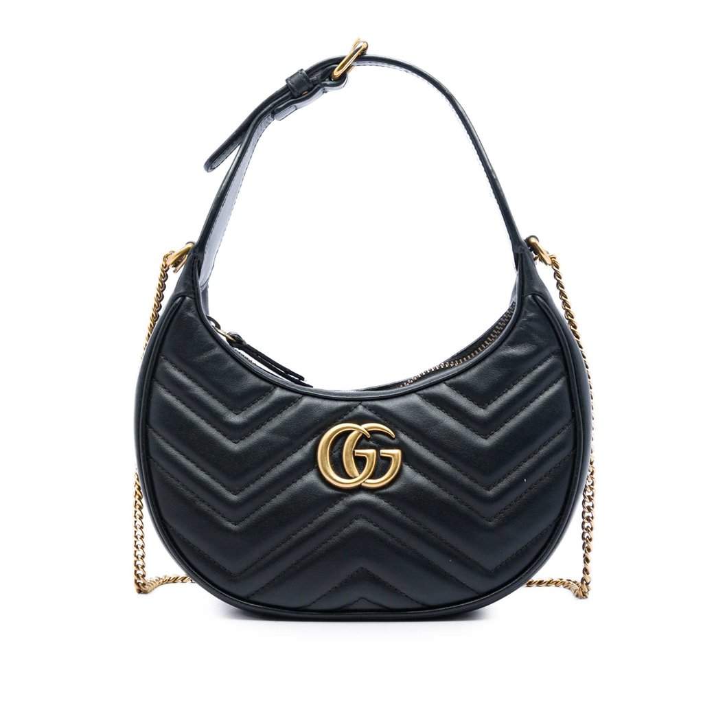 Gucci Mini GG Marmont Matelasse Calfskin Half Moon Bag Black Leather Very good - Front View