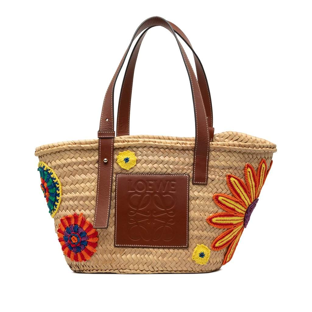 Loewe Medium Floral Embroidered Raffia Basket Tote Beige Very good condition - Front View