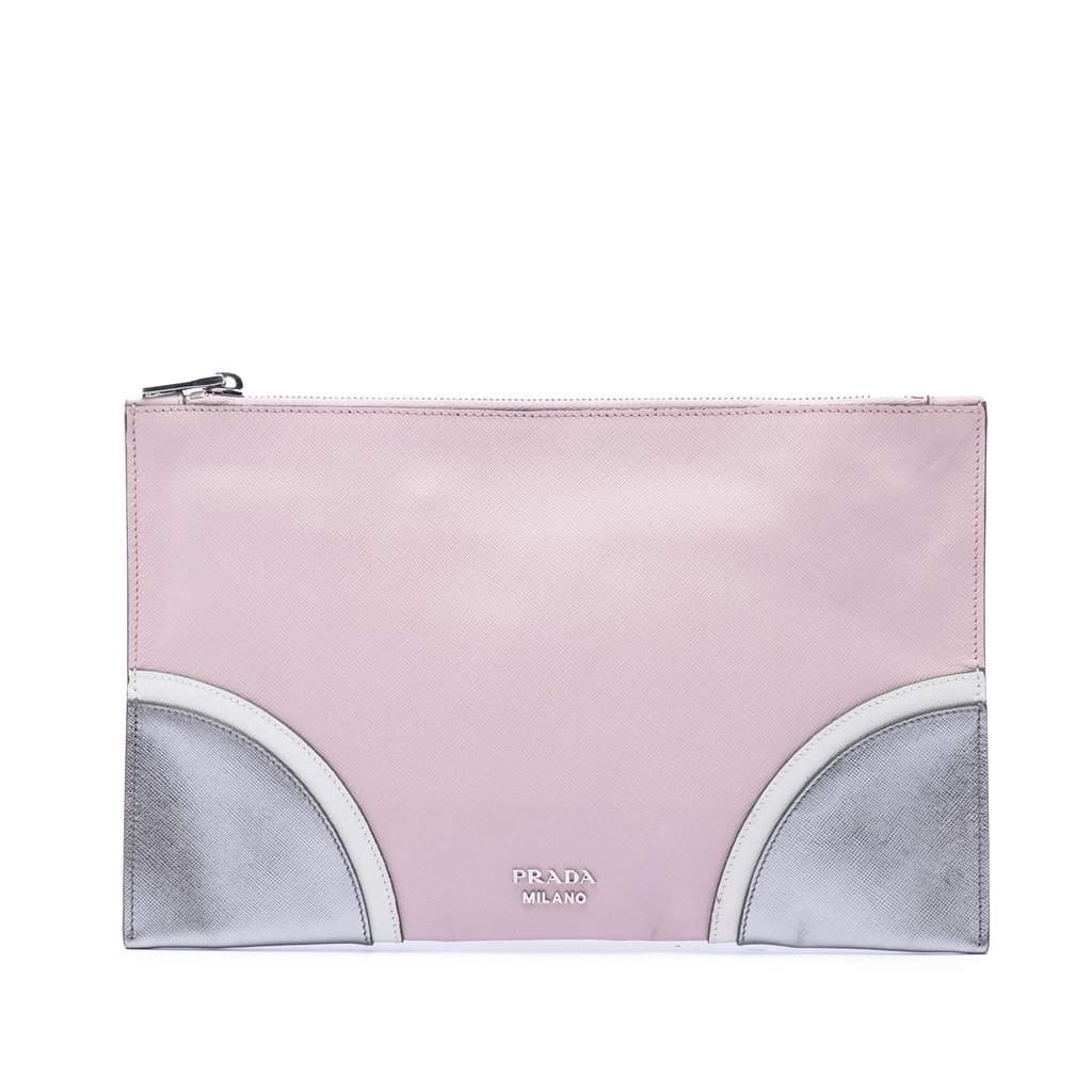 Prada Tricolor Saffiano Clutch Pink Leather Very good - Front View
