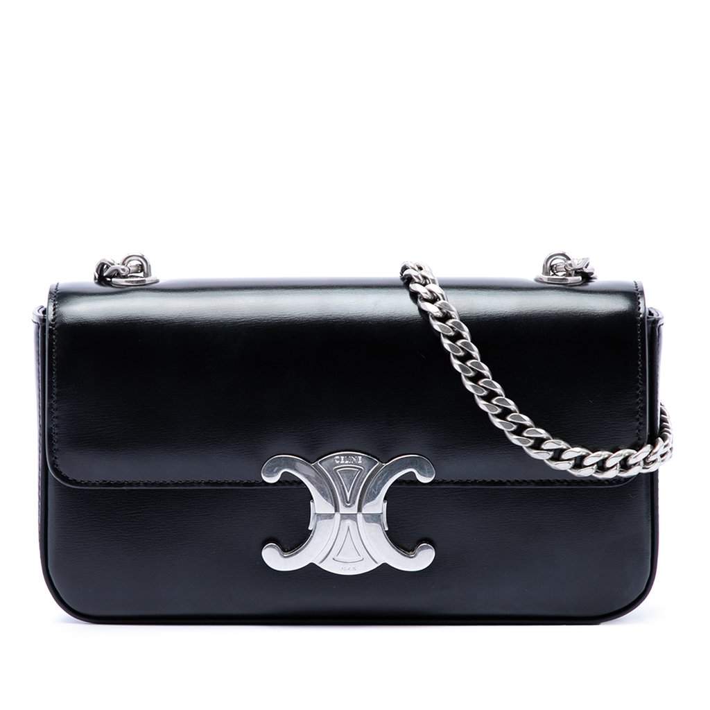 Celine Shiny Calfskin Triomphe Claude Shoulder Bag Black Leather Very good - Front View