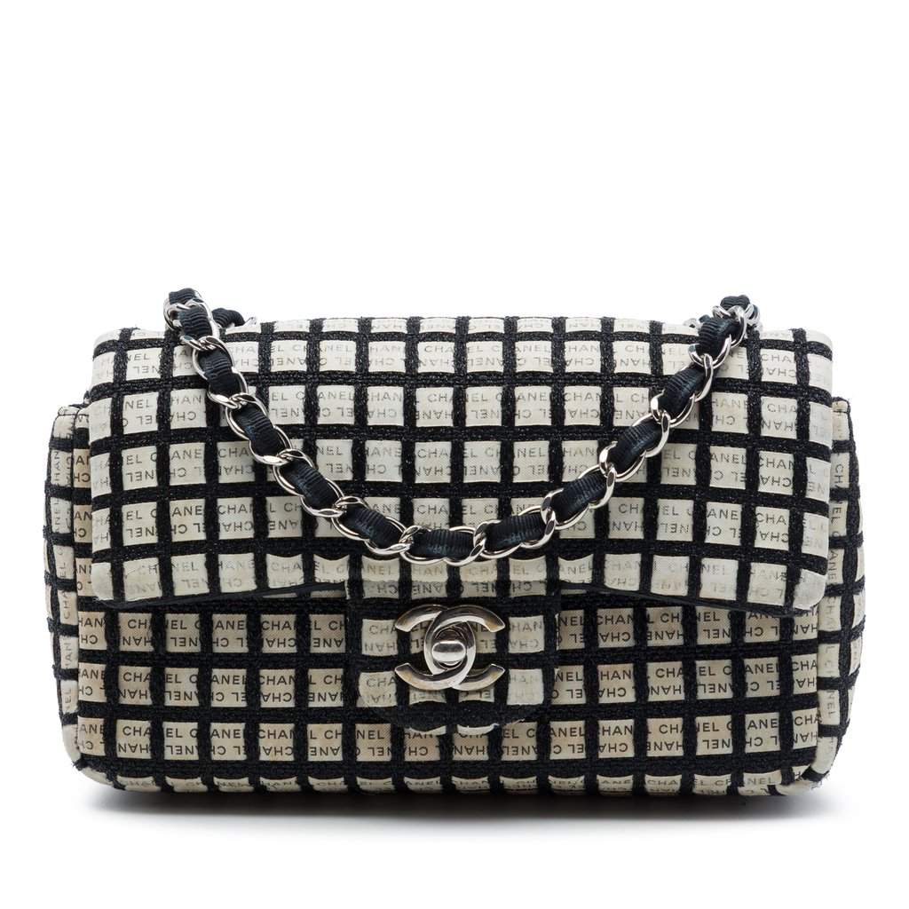 Chanel Mini Rectangular Tweed and Ribbon Logo Single Flap Black Very good - Front View
