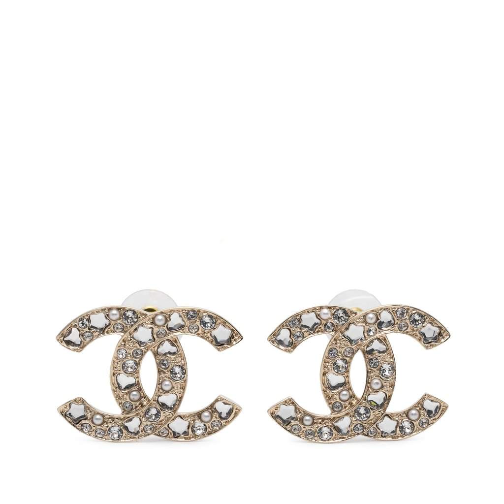 Chanel CC Gold Plated Strass Faux Pearl Push Back Earrings Gold Metal Very good condition - Front View