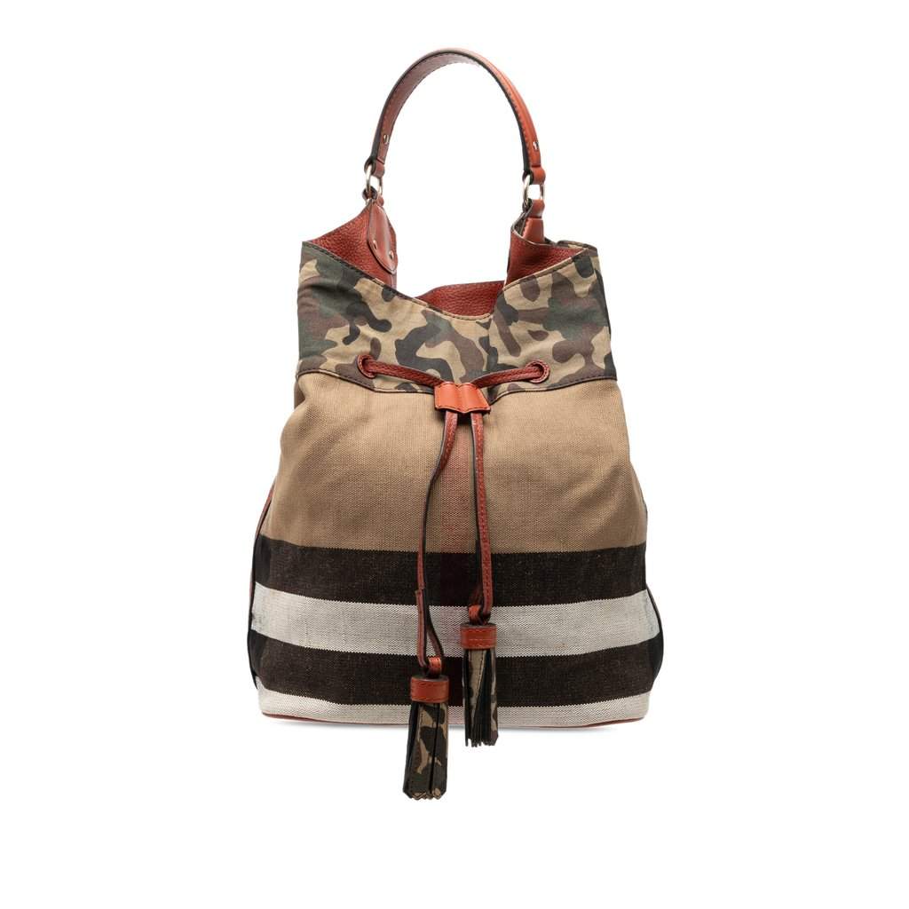 Burberry Mega Check Canvas Camouflage Susanna Tassel Bucket Bag Brown Very good condition - Front View