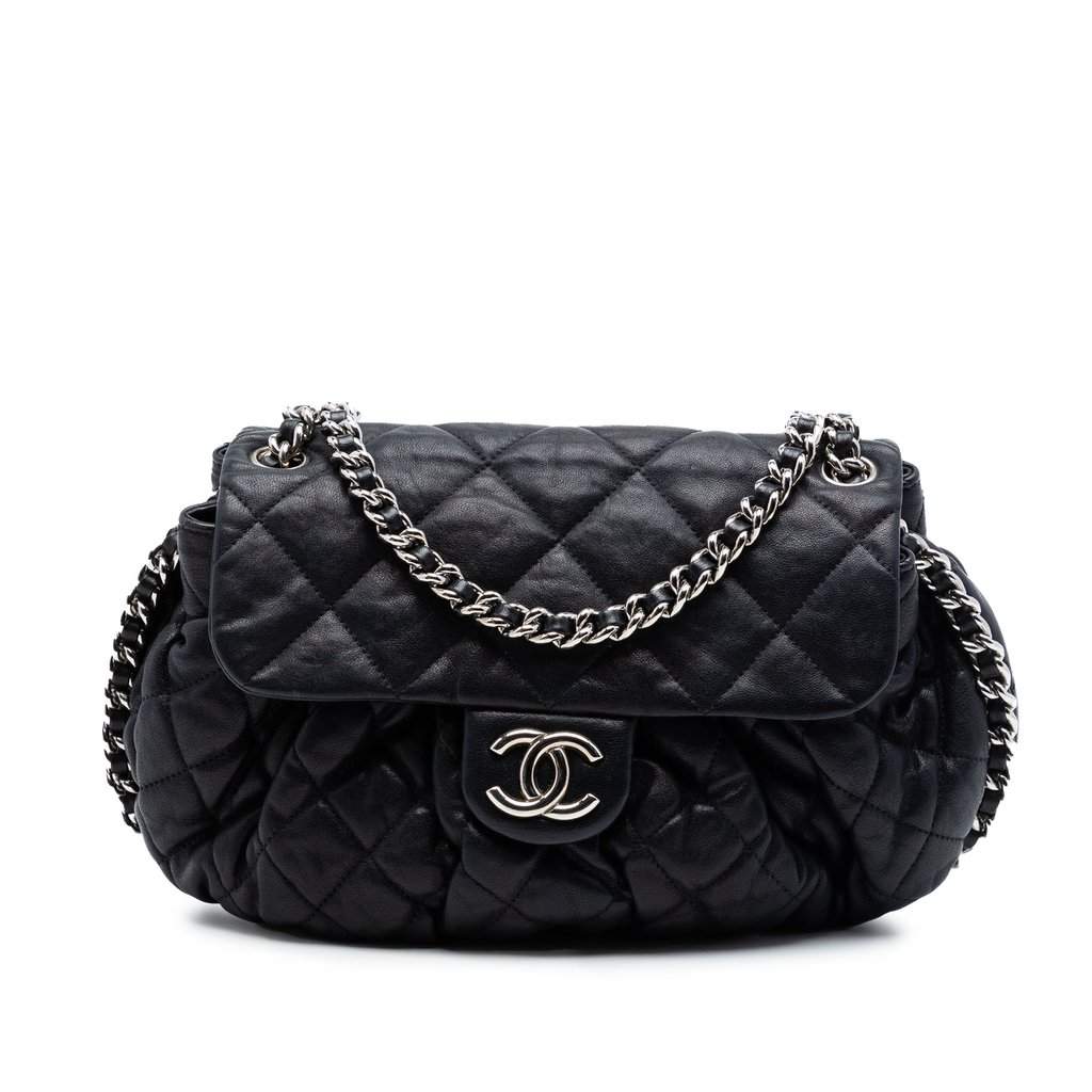 Chanel CC Quilted Lambskin Chain Around Flap Black Leather Very good condition - Front View