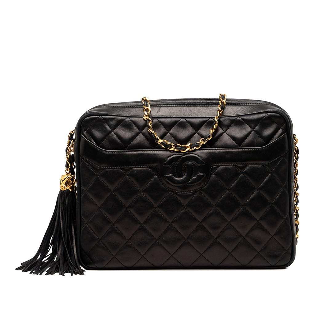 Chanel Medium CC Quilted Lambskin Tassel Camera Bag Black Leather Very good condition - Front View