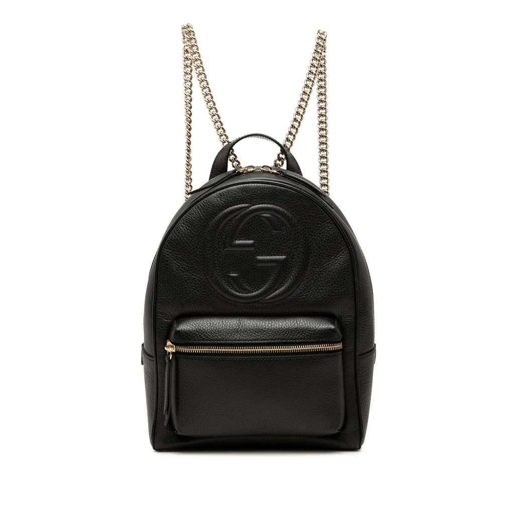 Gucci Pebbled Calfskin Soho Chain Backpack Black Leather Very good condition - Front View