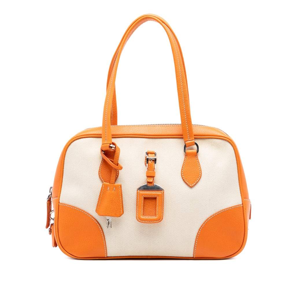 Prada Cinghiale Trimmed Canapa Handbag Beige Very good - Front View