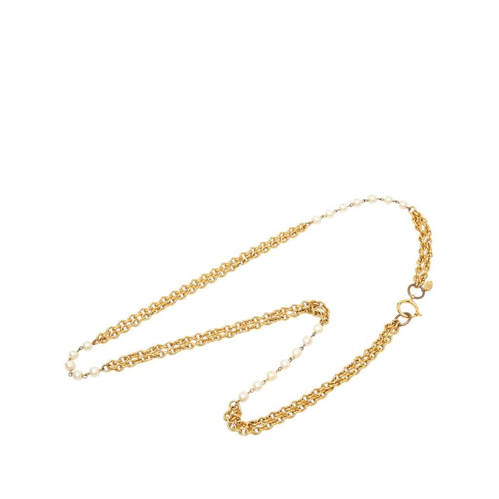 Chanel CC Gold Plated Faux Pearl Double Strand Necklace Gold Metal Very good condition - Front View