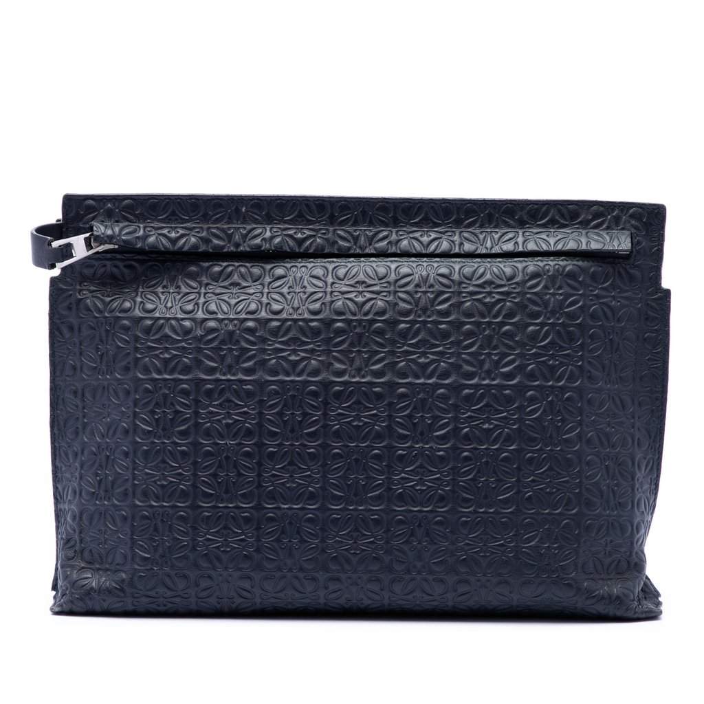 Loewe Embossed Anagram Leather Repeat T Clutch Blue Leather Very good condition - Front View