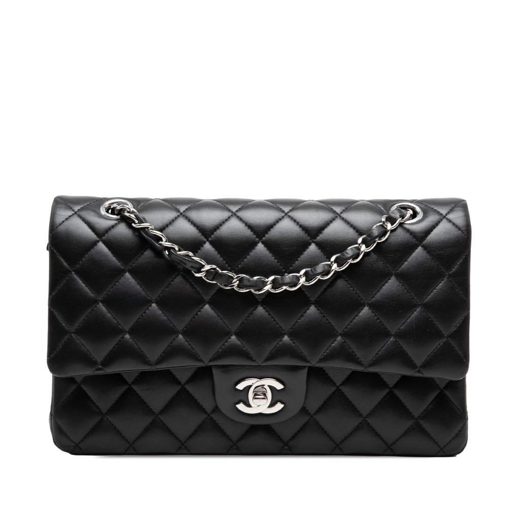 Chanel Medium Classic Lambskin Double Flap Black Leather Very good - Front View