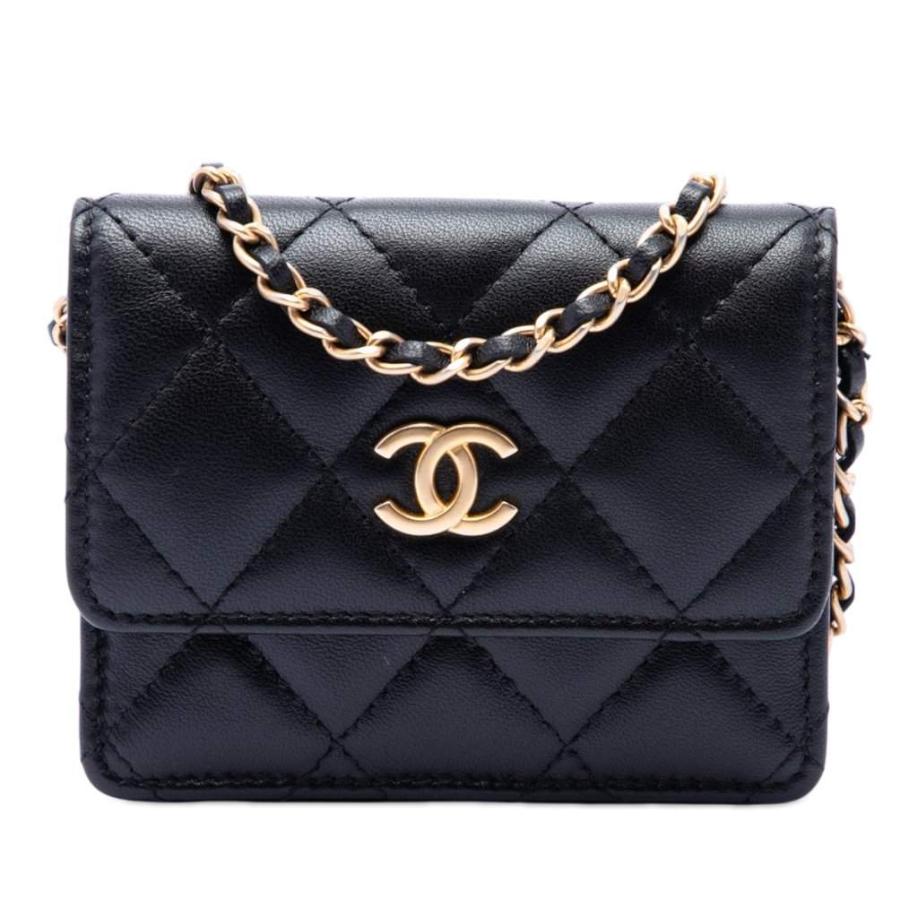 Chanel Quilted Lambskin Romance Card Holder On Chain Black Leather Very good condition - Front View