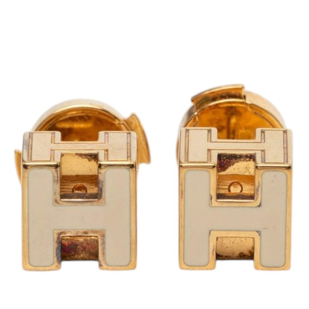 Hermès Gold Plated Enamel Cage dH Cube Earrings Gold Metal Very good condition - Front View