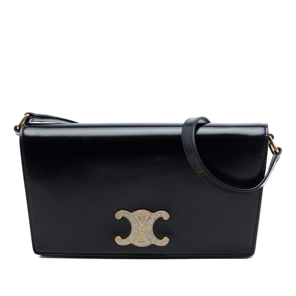 Celine Shiny Calfskin Strass Triomphe Trapeze Shoulder Bag Black Leather Very good condition - Front View