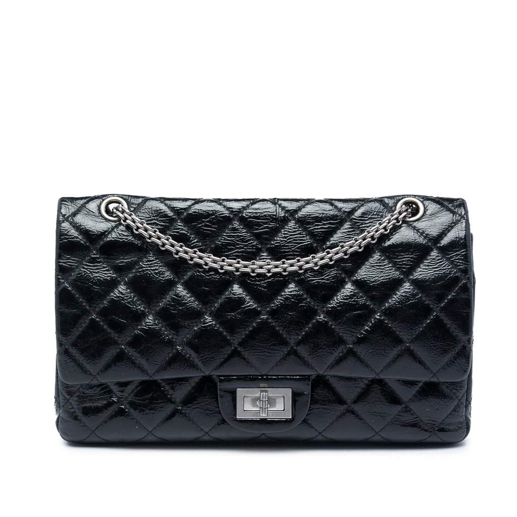 Chanel Quilted Crinkled Patent Reissue 2.55 Double Flap 227 Black Leather Very good condition - Front View