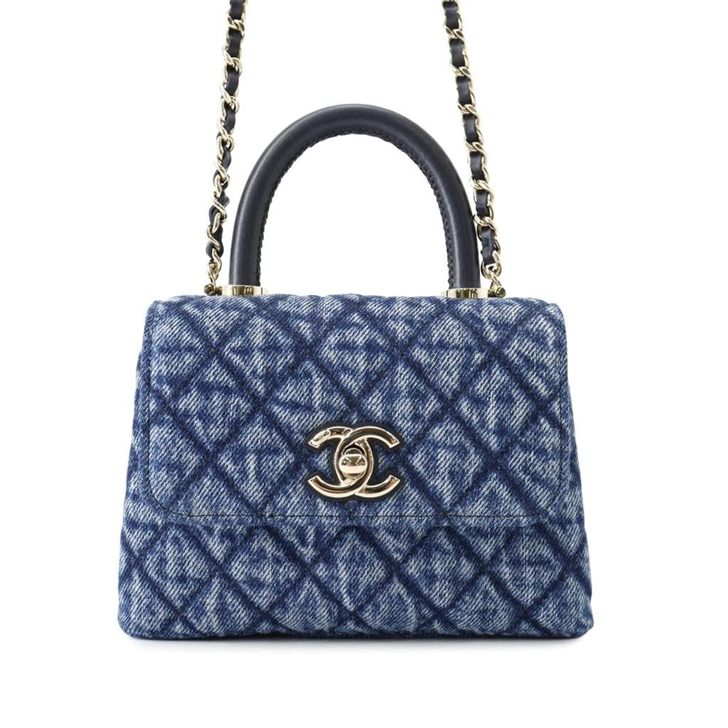 Chanel Extra Mini Quilted Washed Denim Coco Top Handle Bag Blue Very good condition - Front View