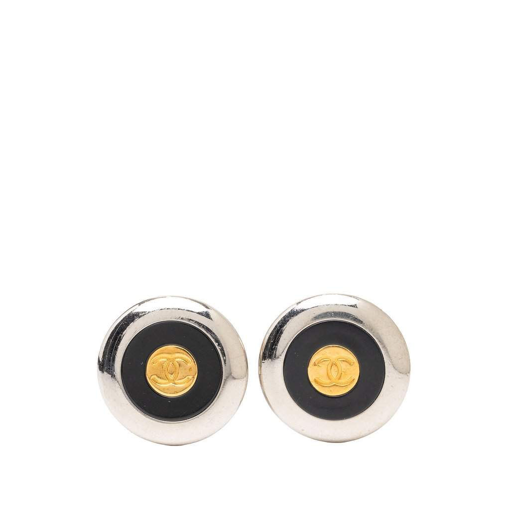 Chanel CC Brass Enamel Gold Plated Round Clip On Earrings Black Metal Very good condition - Front View