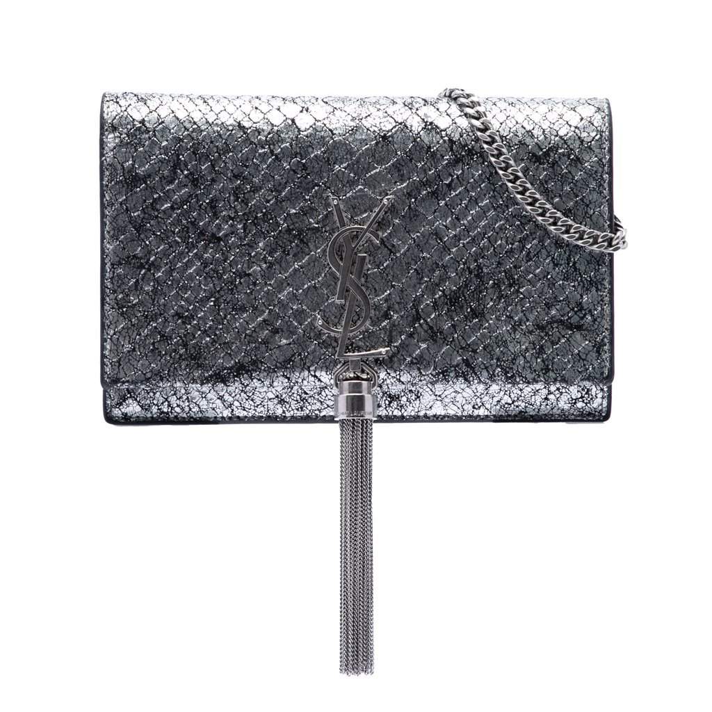 Saint Laurent Python Embossed Metallic Leather Classic Monogram Kate Tassel Wallet on Chain Silver Leather Very good - Front View