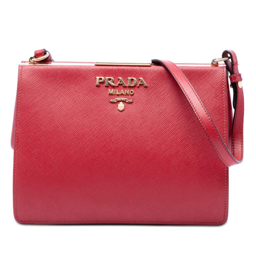 Prada Saffiano and City Calf Light Frame Crossbody Red Leather Very good - Front View