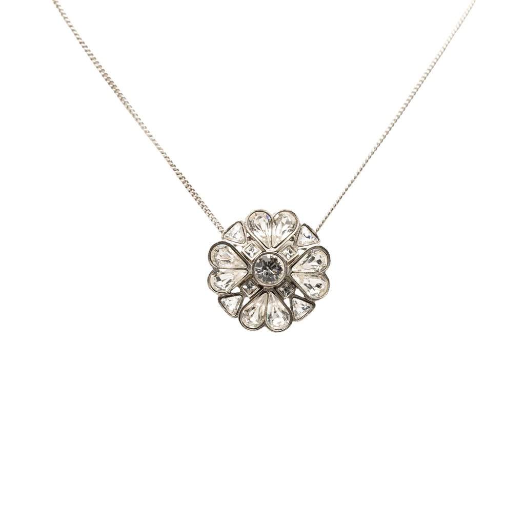 Chanel CC Brass Strass Clover Pendant Necklace Silver Metal Very good - Front View