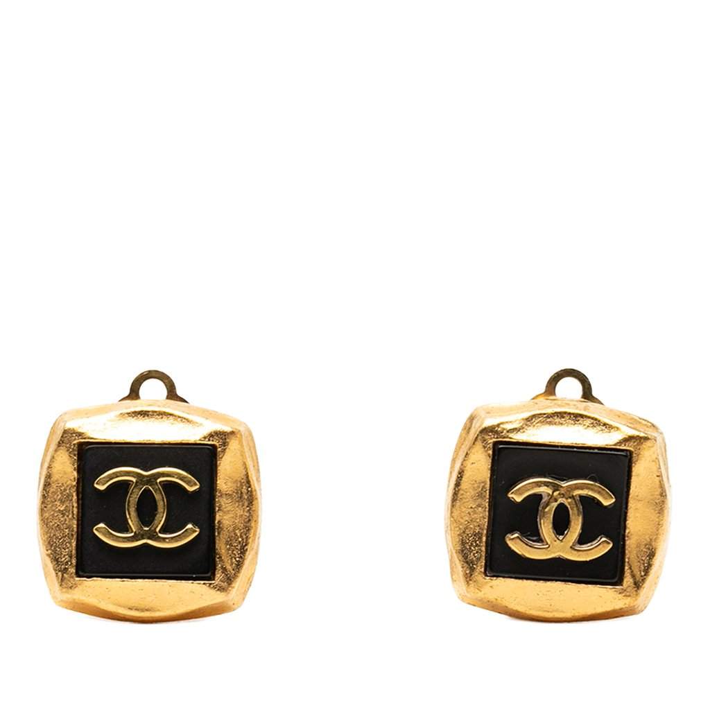 Chanel CC Gold Plated Enamel Square Clip On Earrings Gold Metal Very good - Front View
