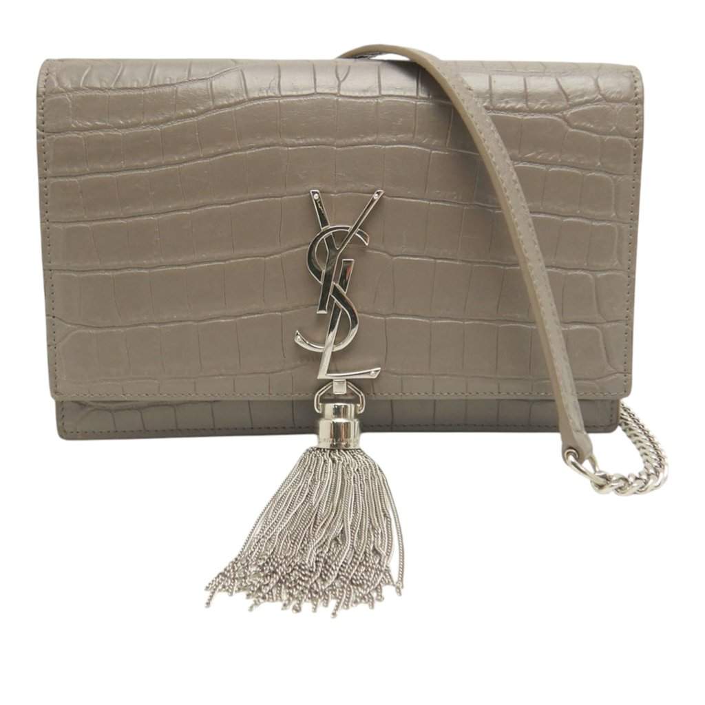 Saint Laurent Small Croc Embossed Leather Monogram Kate Tassel Crossbody Brown Leather Very good condition - Front View