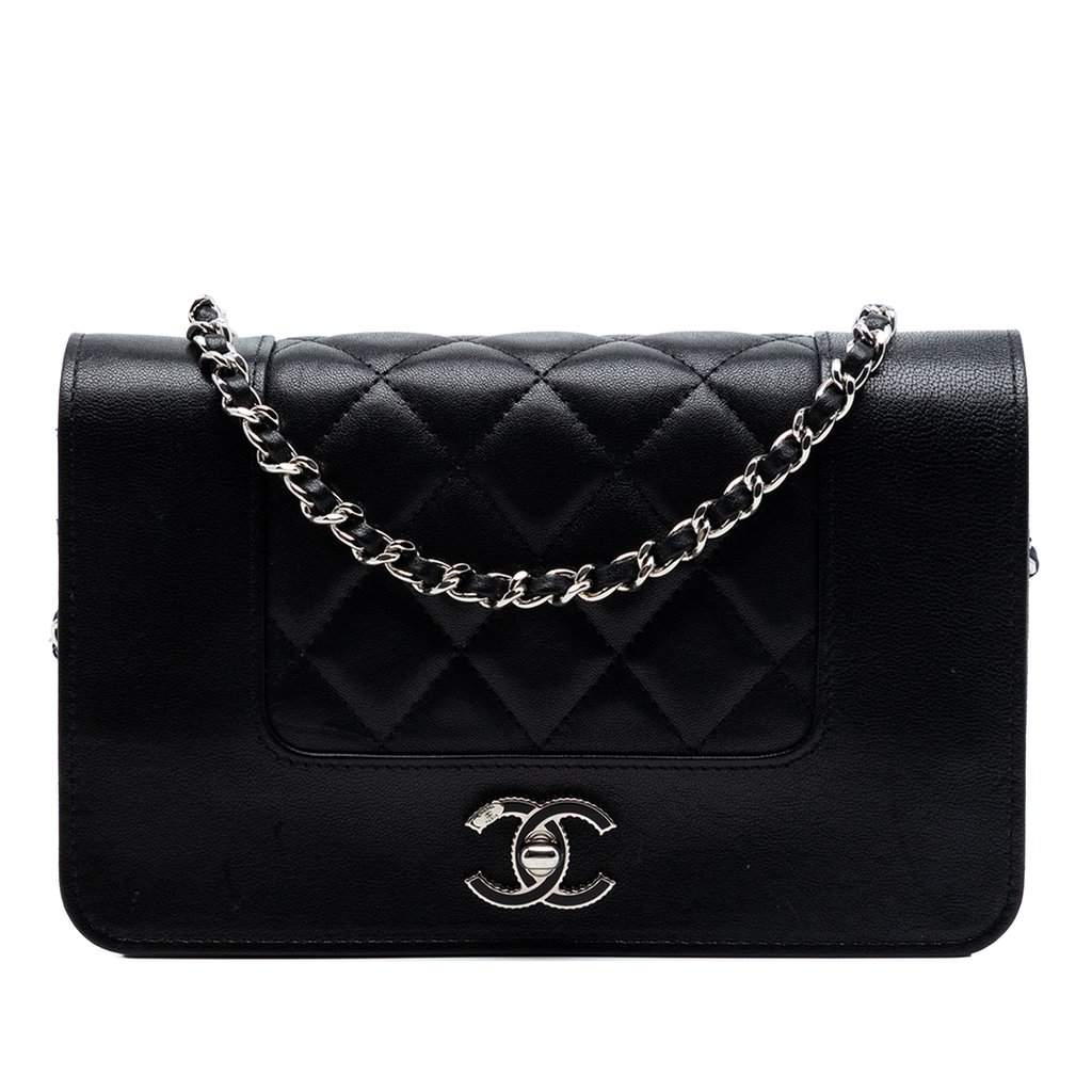 Chanel Quilted Sheepskin Mademoiselle Wallet on Chain Black Leather Very good condition - Front View