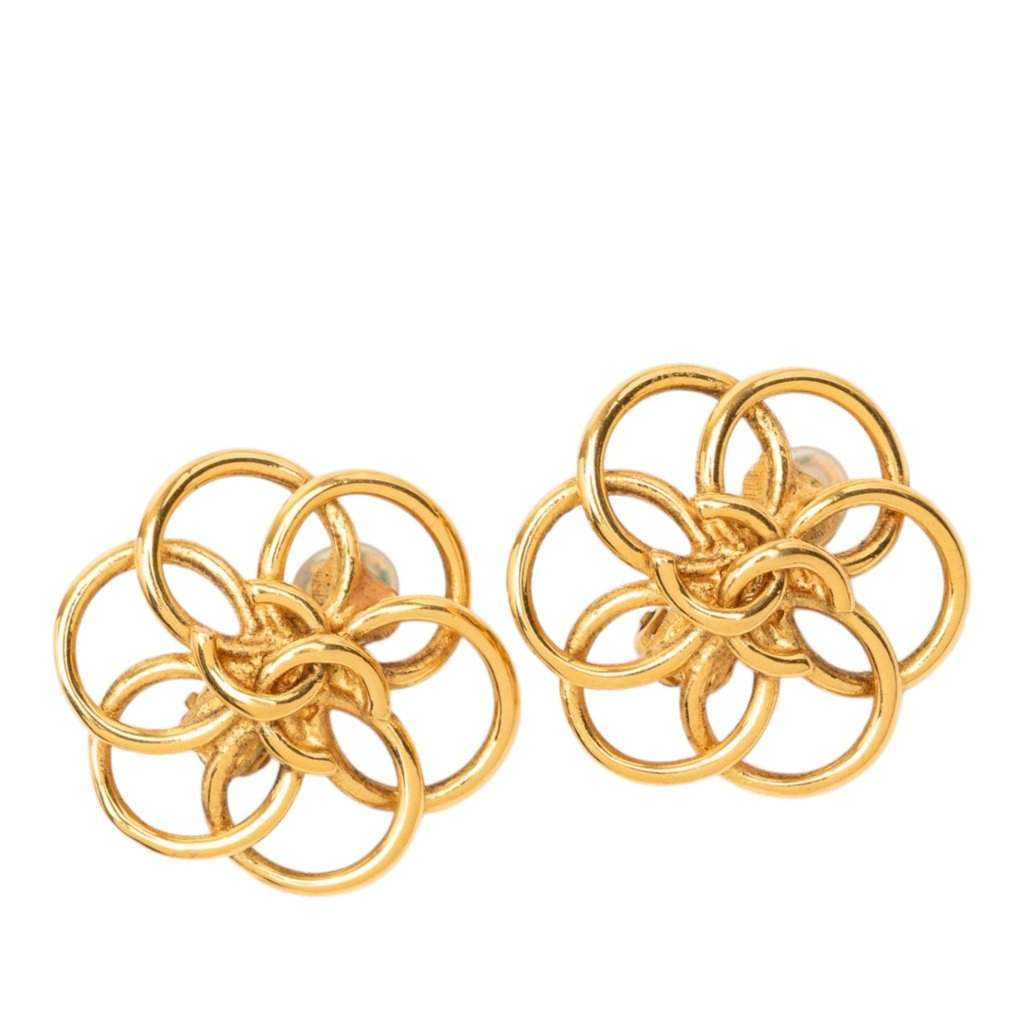 Chanel CC Gold Plated Flower Hoop Clip On Earrings Gold Metal Very good condition - Front View
