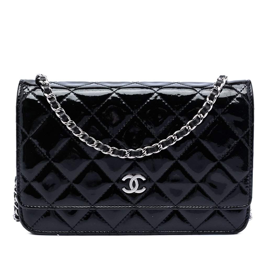 Chanel CC Quilted Patent Wallet On Chain Black Leather Very good condition - Front View