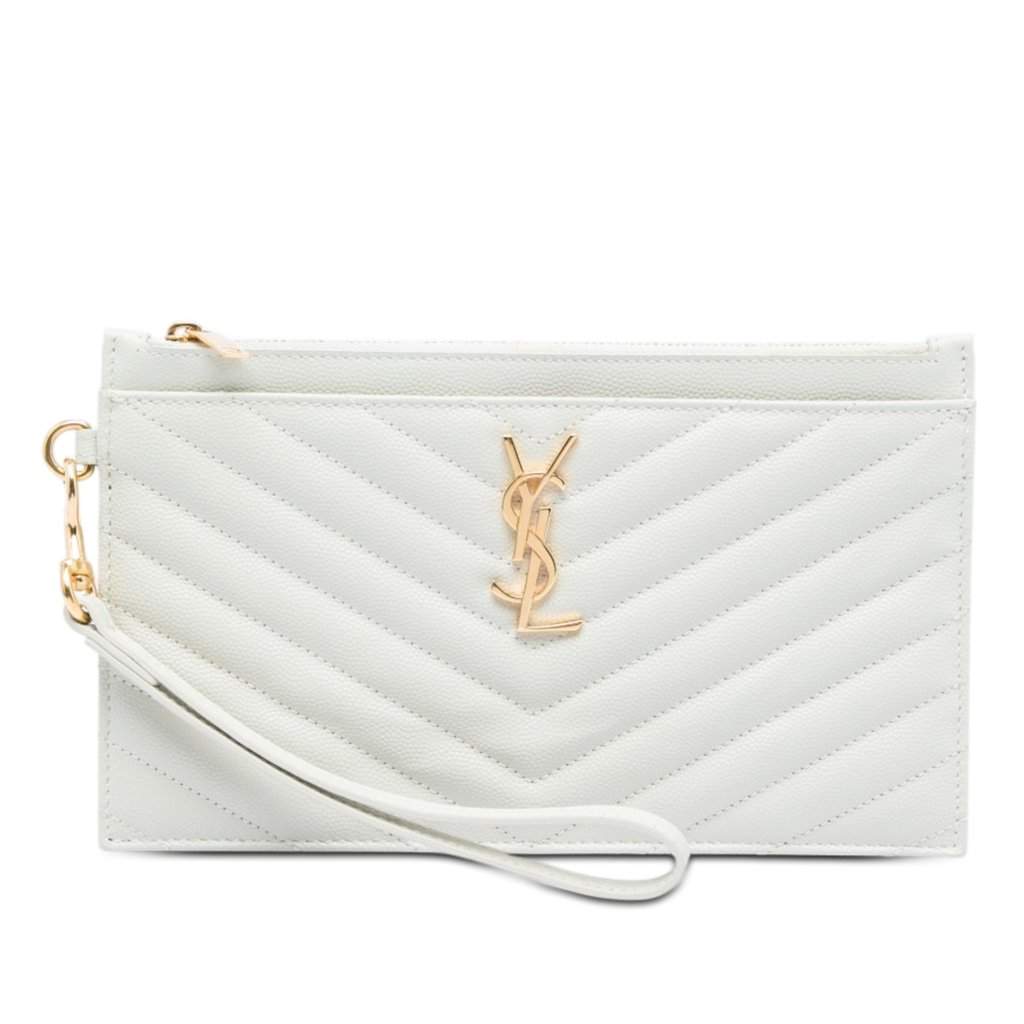 Saint Laurent Grain De Poudre Chevron Monogram Bill Pouch White Leather Very good - Front View