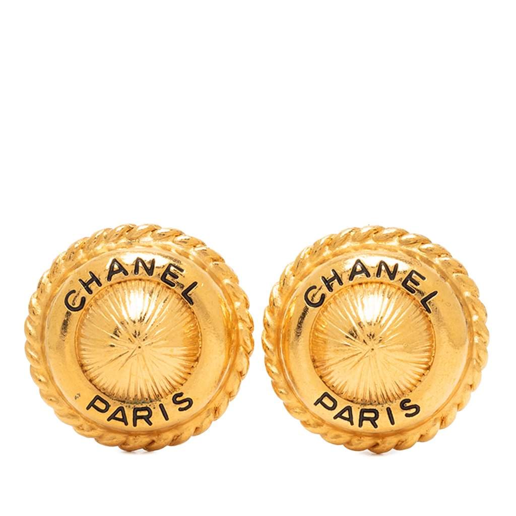 Chanel CC Gold Plated Round Logo Clip On Earrings Gold Metal Very good - Front View