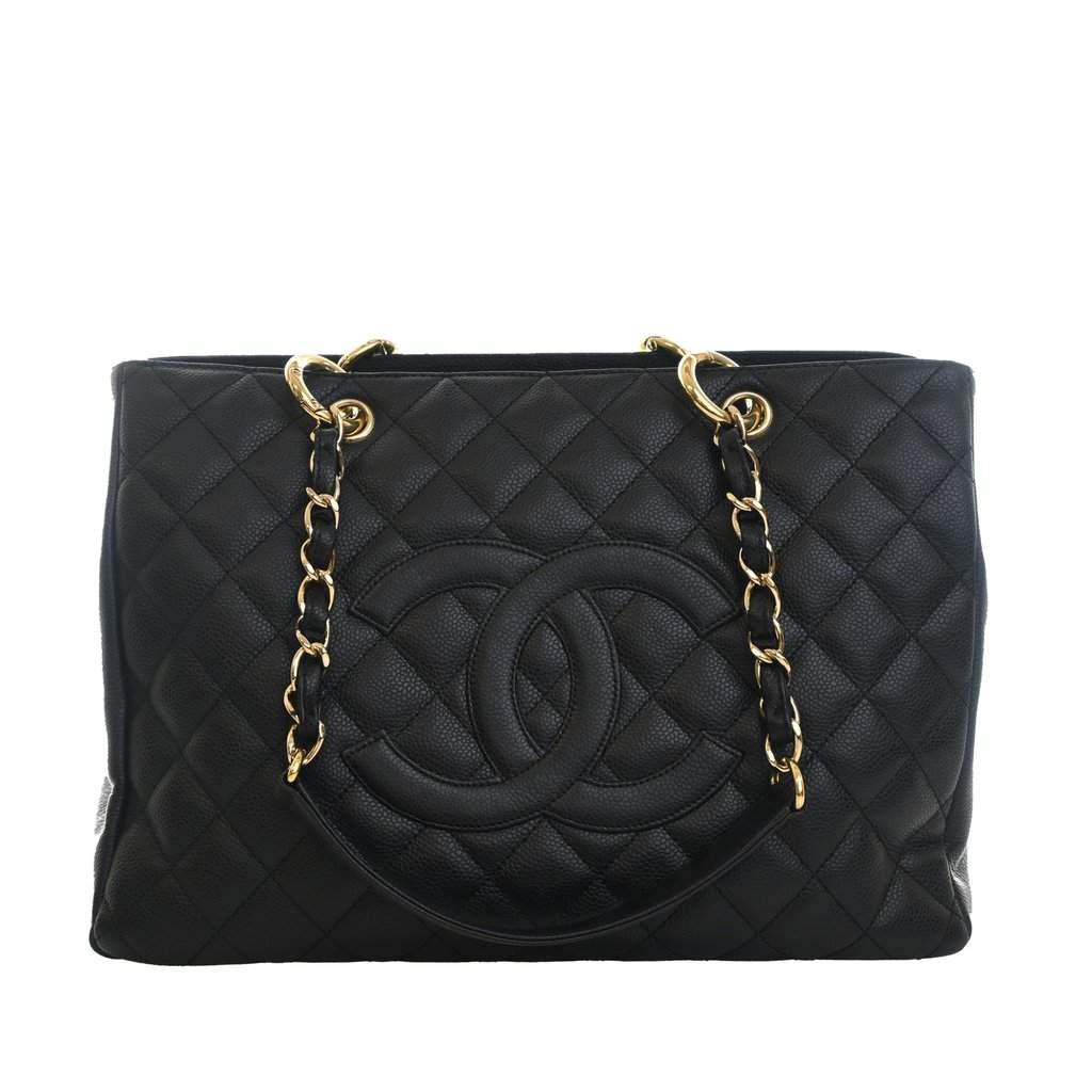 Chanel Caviar Grand Shopping Tote Black Leather Very good - Front View