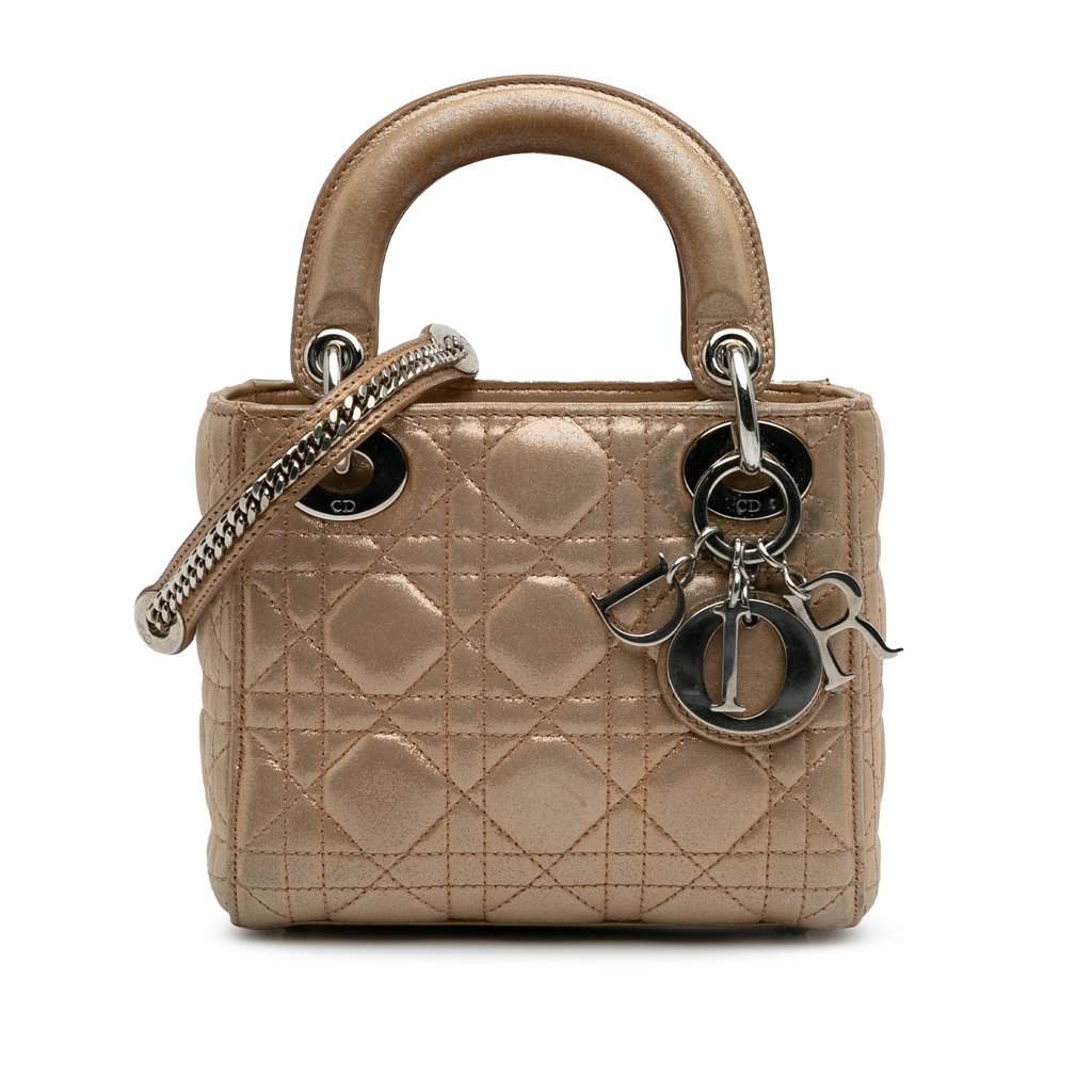 Dior Mini Iridescent Lambskin Cannage Lady Dior Beige Leather Very good condition - Front View