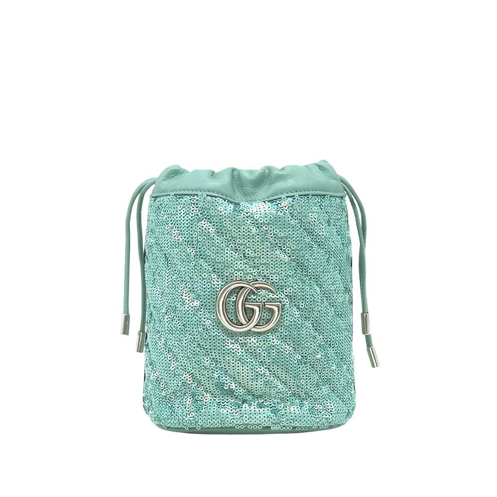 Gucci Small GG Marmont Sequined Diagonal Leather Matelasse Bucket Bag Green Leather Very good - Front View