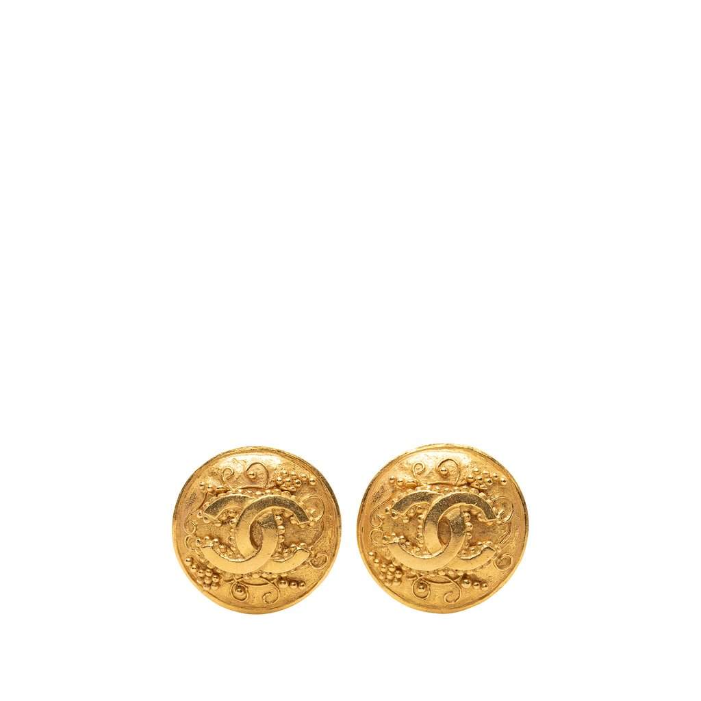 Chanel CC Gold Plated Grapevine Round Clip On Earrings Gold Metal Very good condition - Front View
