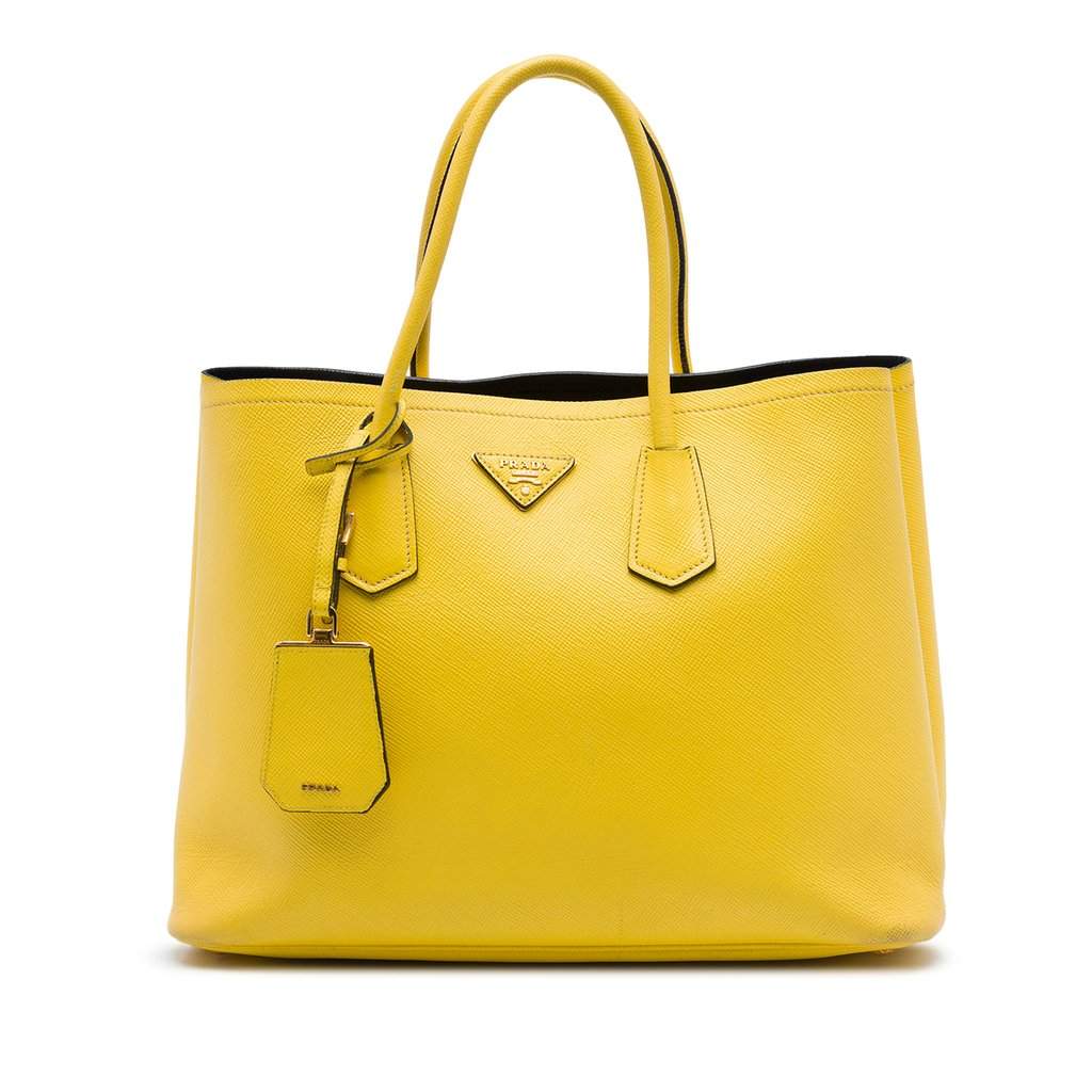 Prada Medium Saffiano Cuir Double Satchel Yellow Leather Very good - Front View
