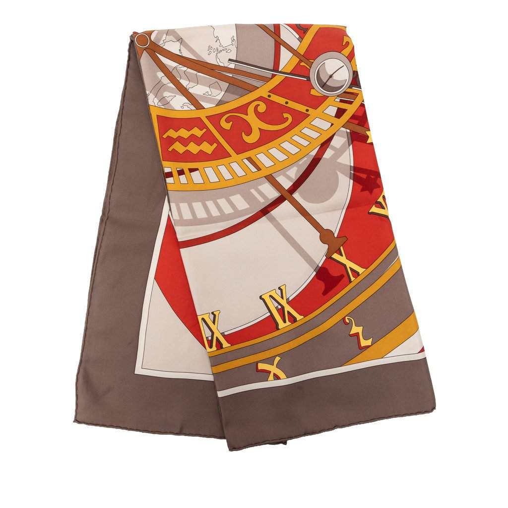 Hermès Mecanique du Temps Silk Scarf 90 Brown Very good - Front View