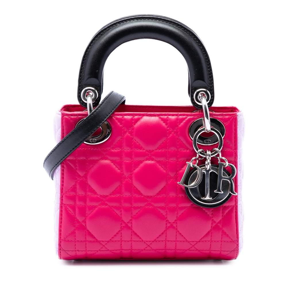Dior Mini Tricolor Lambskin Cannage Lady Dior Pink Leather Very good condition - Front View