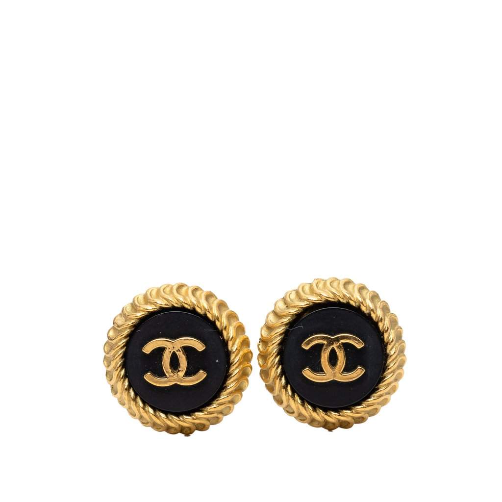 Chanel CC Gold Plated and Enamel Round Clip On Earrings Gold Metal Very good - Front View