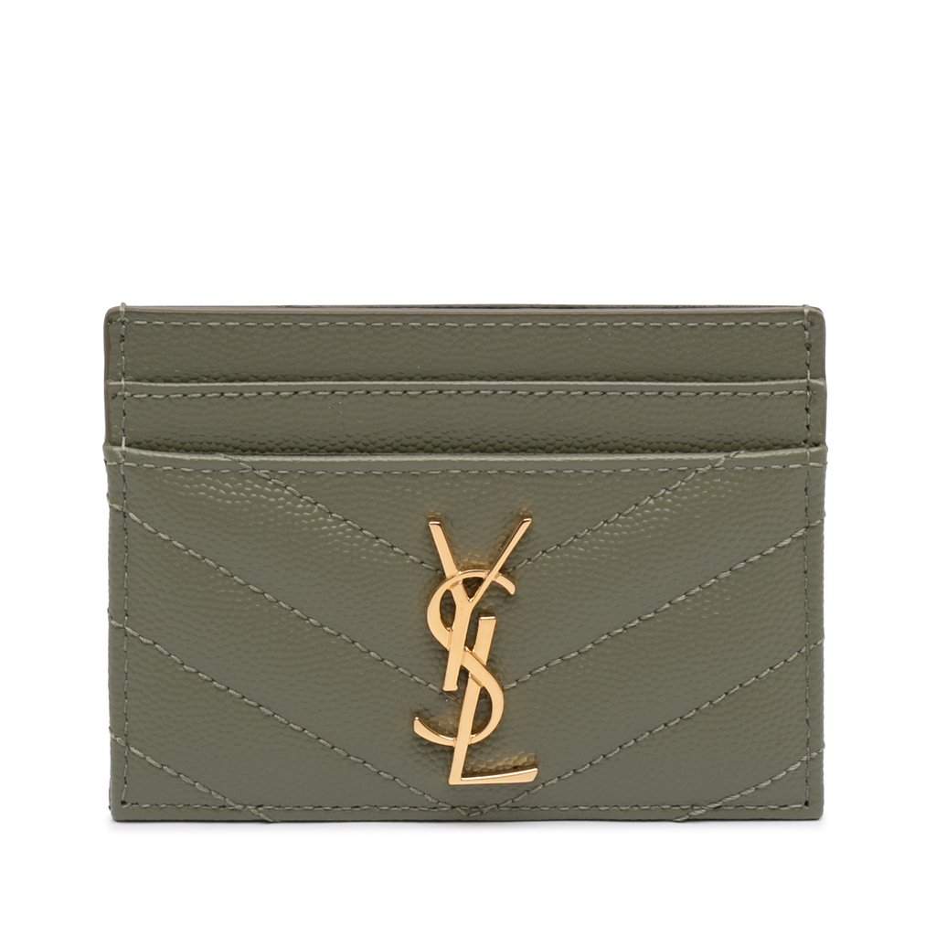 Saint Laurent Grain de Poudre Matelasse Chevron Cassandre Card Holder Green Leather Very good condition - Front View