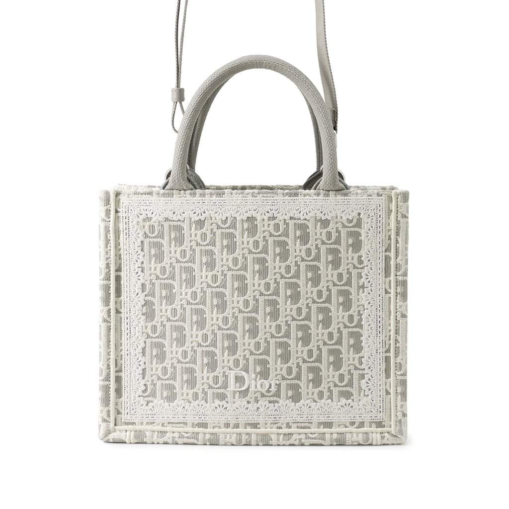 Dior Mini Oblique Embroidered Canvas Lace Book Tote Silver Very good - Front View